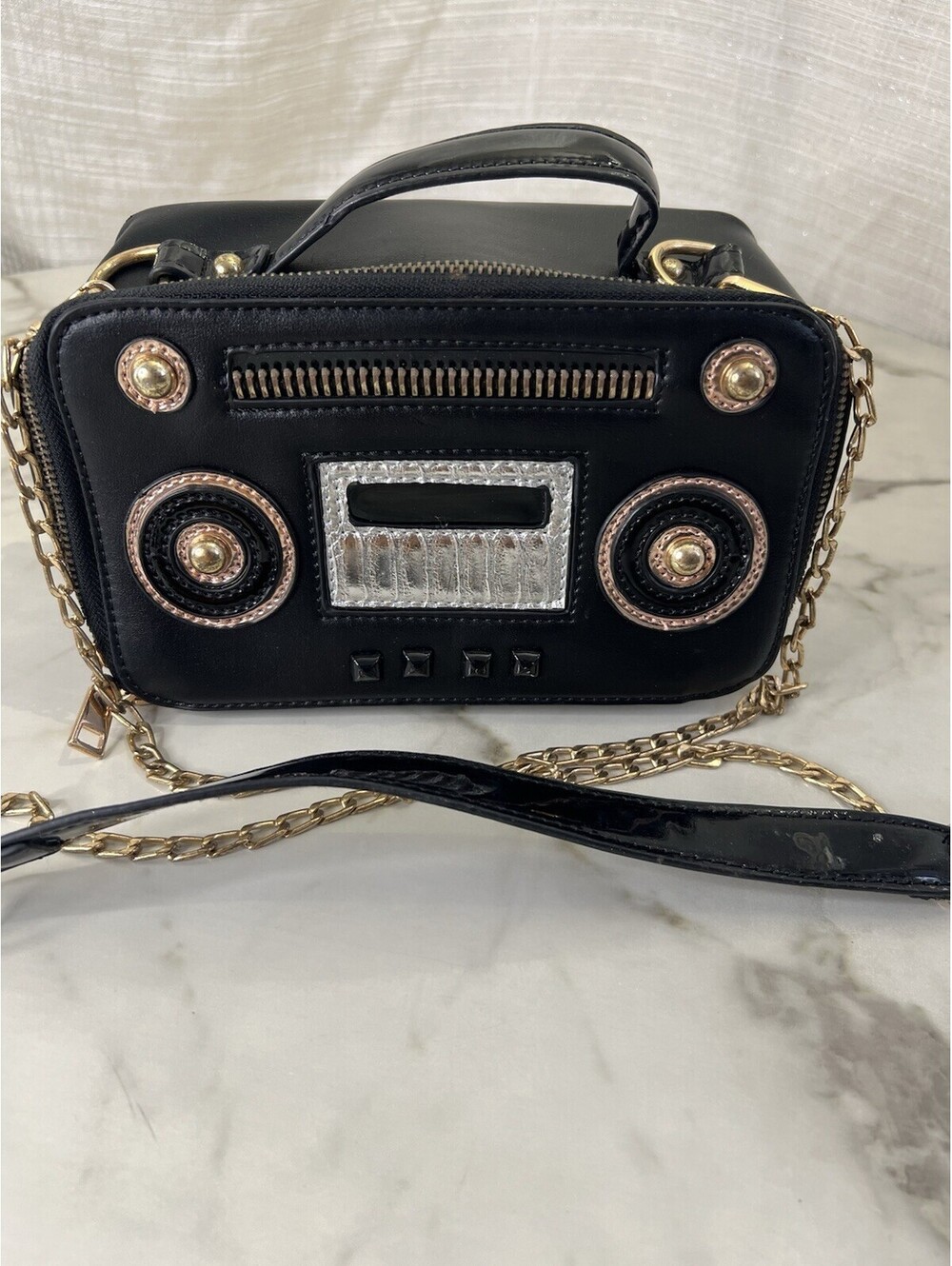 Pink Haley Stereo Cassette Radio Faux Black Leather Crossbody Chain Strap Purse